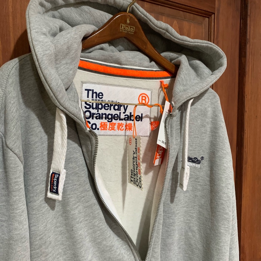Superdry Orange Label Zip Up Plain Hoodie Grey Marl, new with tags.